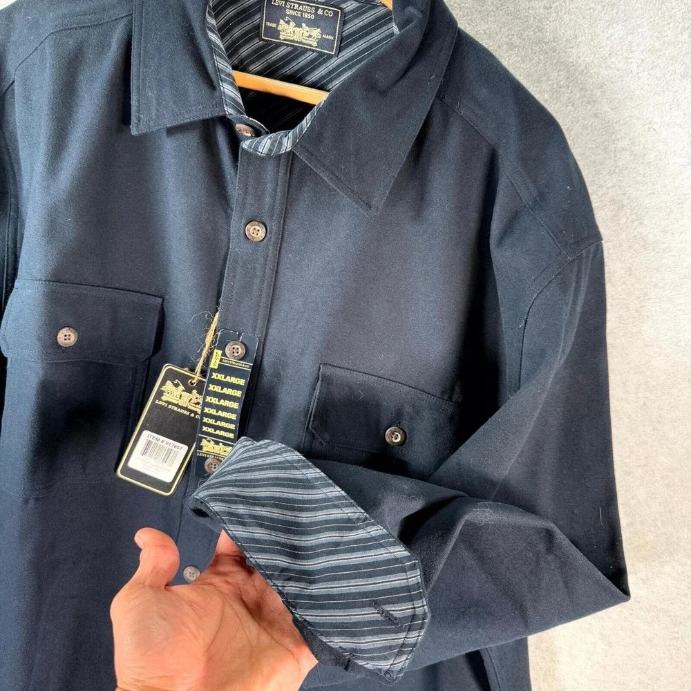 Levi's Overcoat Men's 2XL Navy Blue‎ Collared Long Sleeve Flap Pockets Button-Up